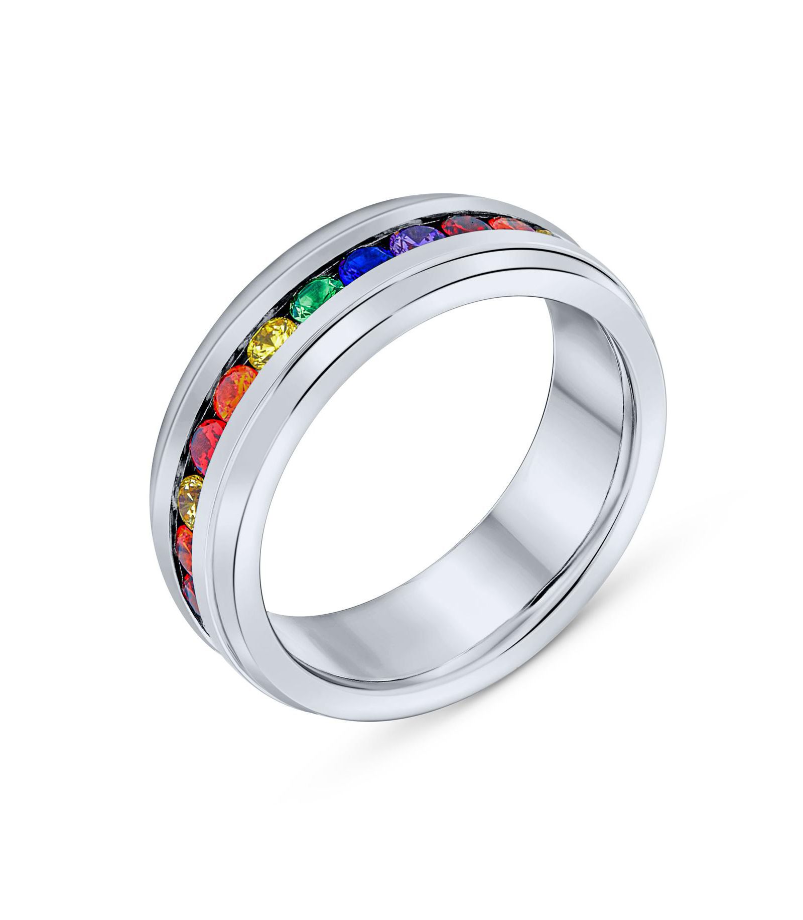 Bling Jewelry Rainbow Multi Color CZ Eternity Ring LGBTQ Band Comfort Fit Stainless Steel