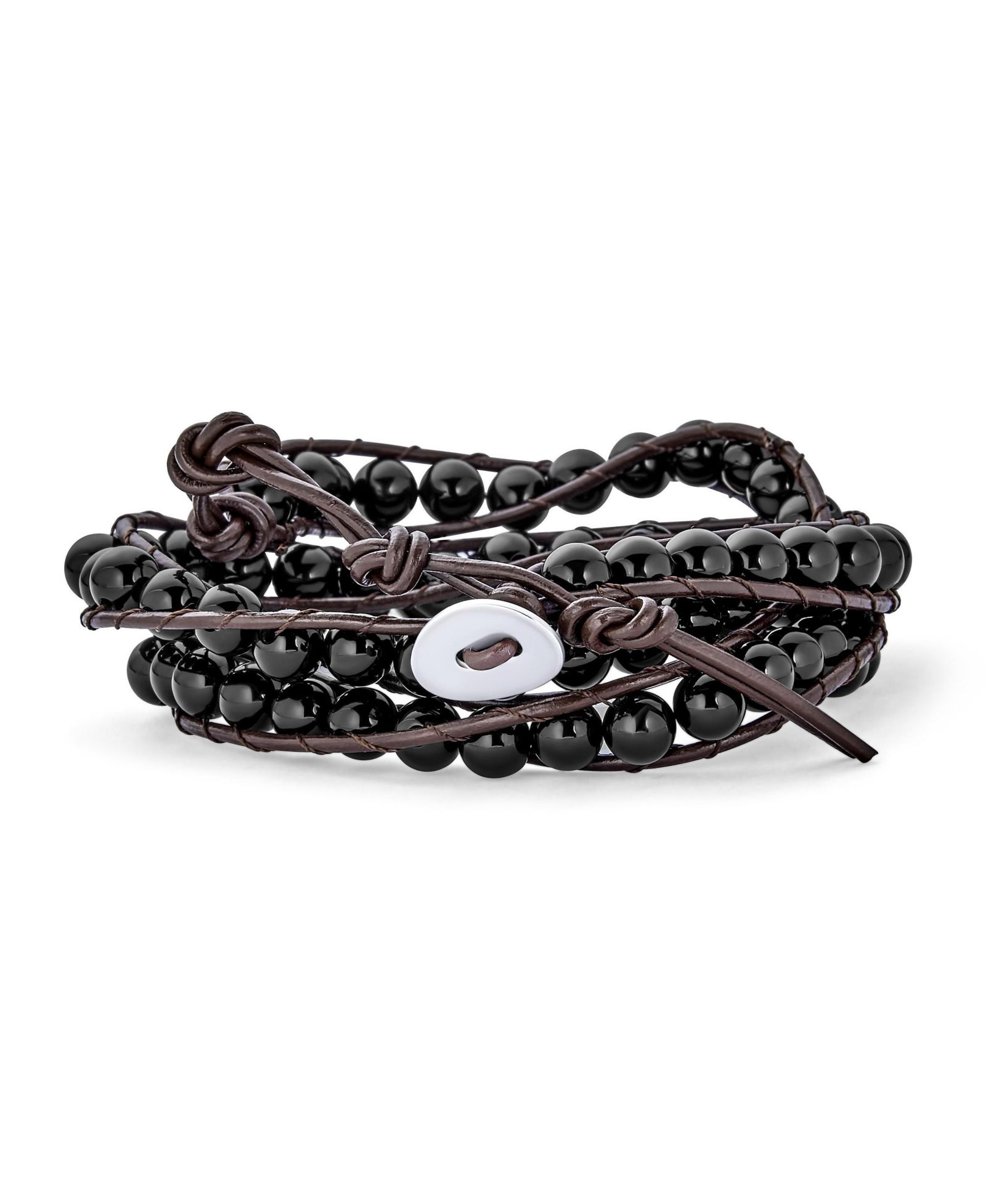 Bling Jewelry Multi Strand Black Onyx Gemstone Bead Boho Wrap Leather Bracelet Adjustable