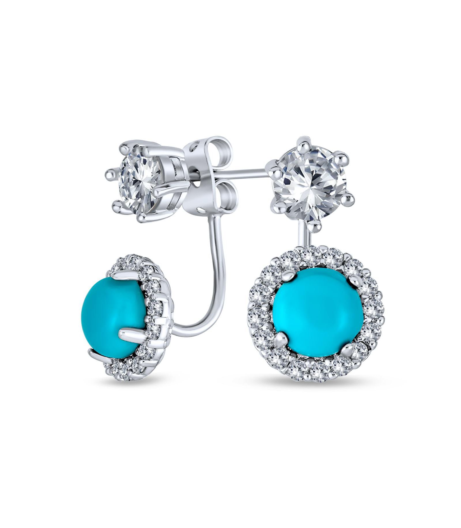 Bling Jewelry Trendy Turquoise CZ Halo Back Ear Jacket Clear Stud Earrings Silver Plated