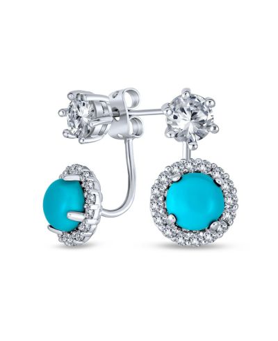 Bling Jewelry Trendy Turquoise CZ Halo Back Ear Jacket Clear Stud Earrings Silver Plated