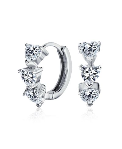 Bling Jewelry Romantic Three Pink CZ Heart Mini Hoop Huggie Earrings .925 Sterling Silver