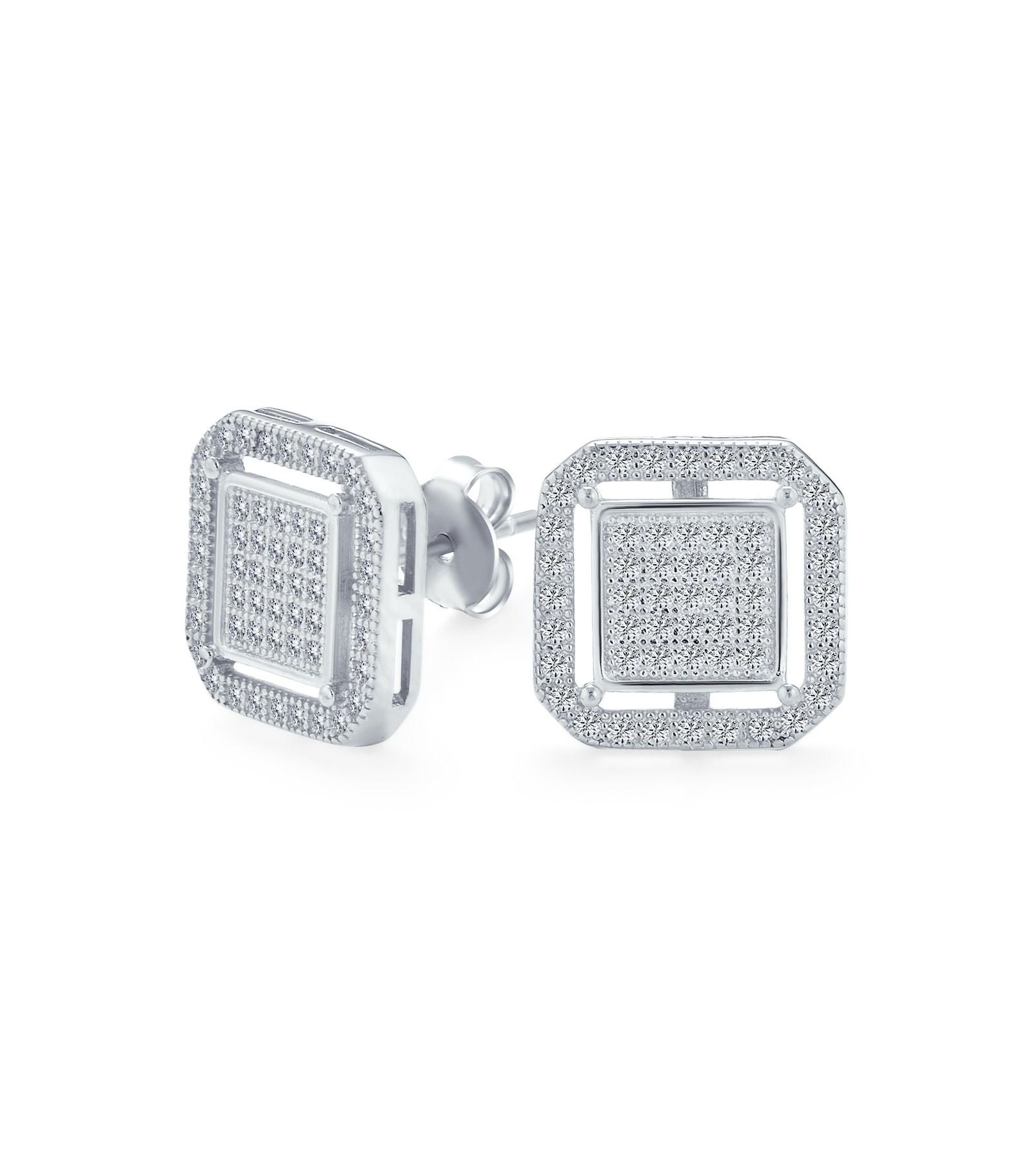 Bling Jewelry Geometric Square Frame CZ Stud Earrings Gold Plated Sterling Silver 12MM
