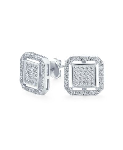 Bling Jewelry Geometric Square Frame CZ Stud Earrings Gold Plated Sterling Silver 12MM