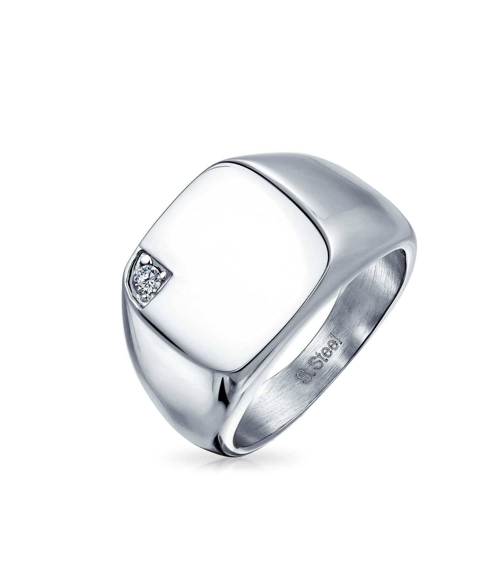 Bling Jewelry Men's Square Monogram Style Signet Ring Statement Stainless Steel CZ Accent