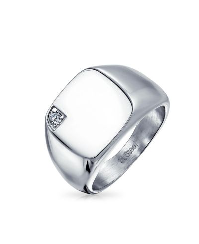 Bling Jewelry Men's Square Monogram Style Signet Ring Statement Stainless Steel CZ Accent