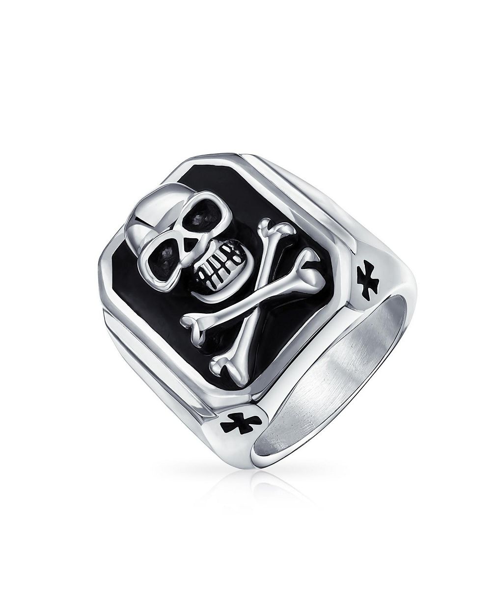 Кольцо Bling Jewelry Men's Black Pirate Crossbones Skull Signet Silver Tone Stainless Steel