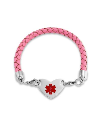 Bling Jewelry Heart Charm Tag Medical ID Pink Braided Leather Bracelet Stainless Steel 7"
