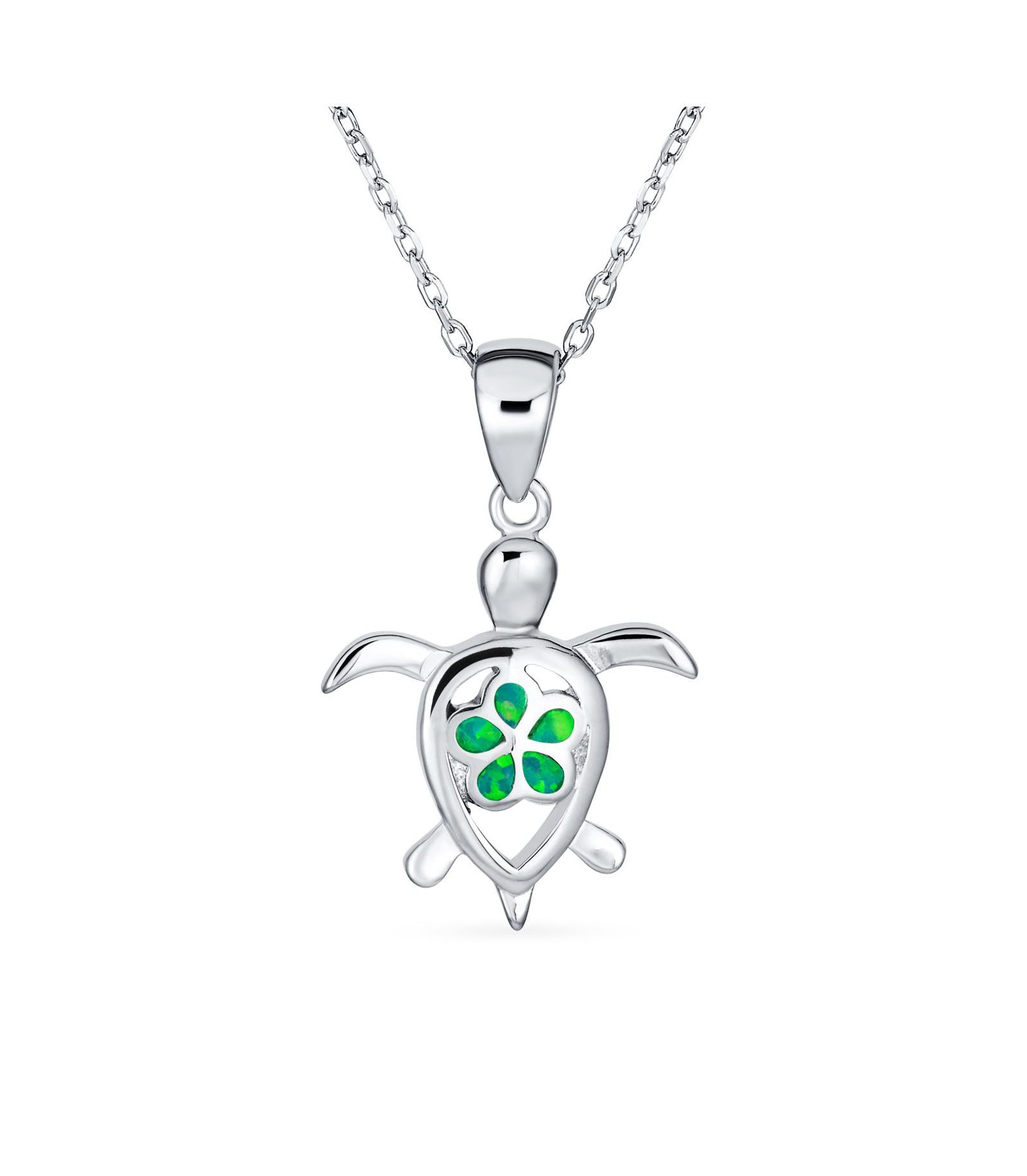 Bling Jewelry Created Blue Opal Hawaiian Flower Turtle Pendant Necklace Sterling Silver