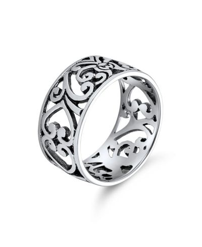 Bling Jewelry Romantic Open Scroll Heart Band Promise Ring Oxidized .925 Sterling Silver