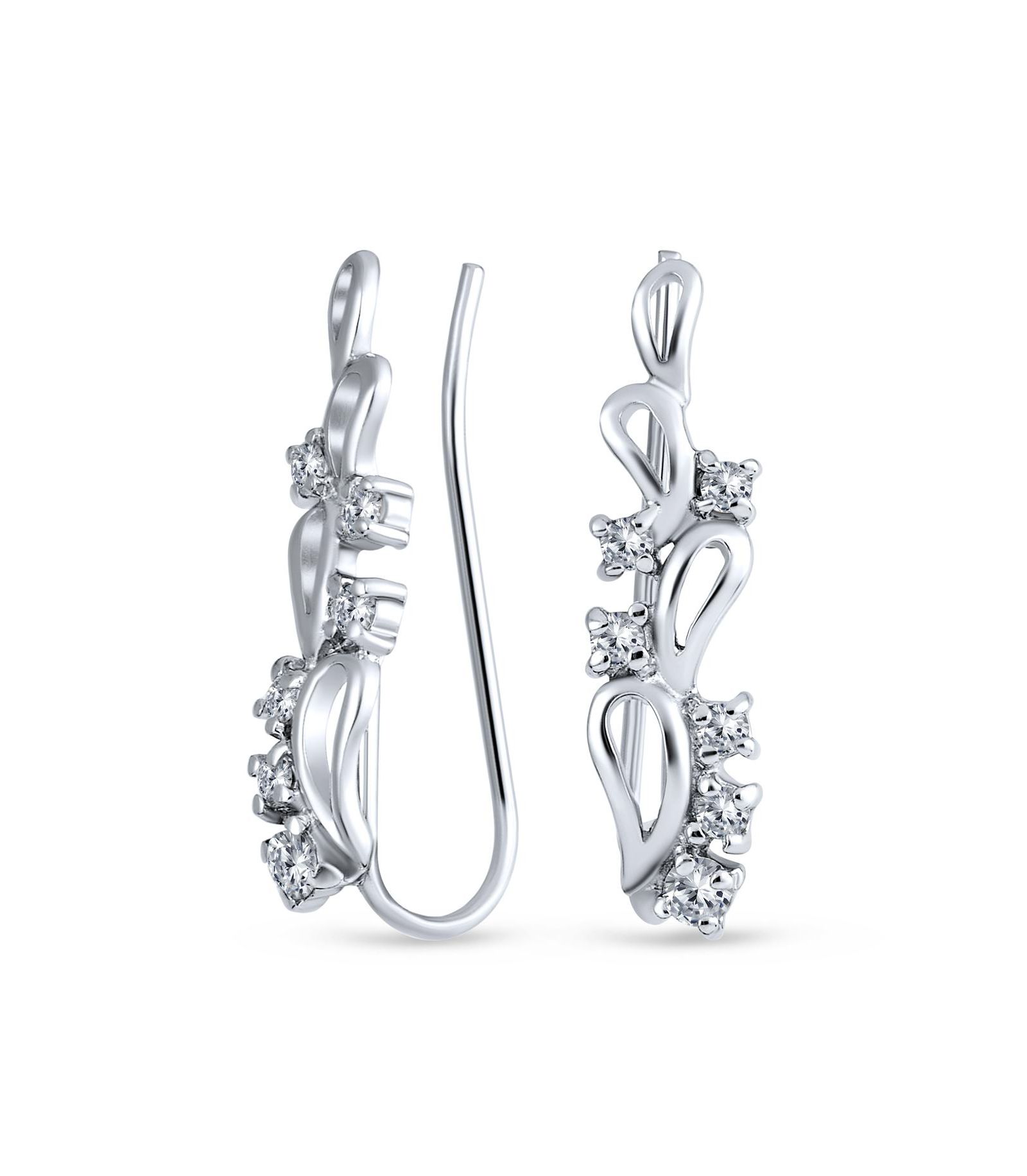 Серьги-клипсы Bling Jewelry с листовой завитушкой и фианитами, серебро 925 пробы