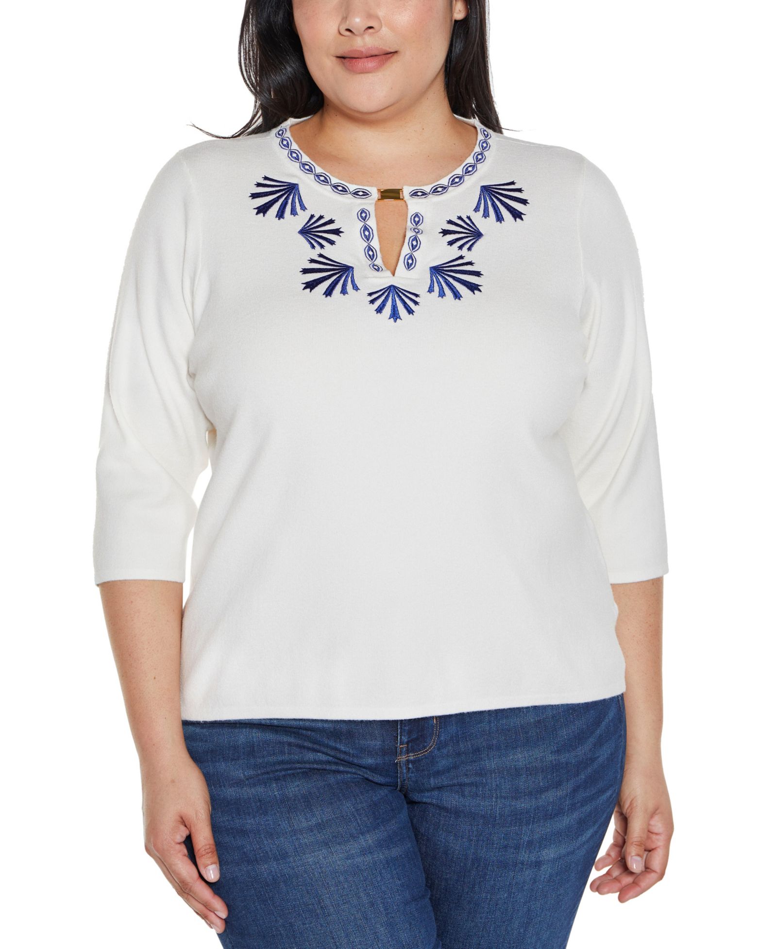 Belldini Plus Size Black Label Embroidered Split-Neck Sweater