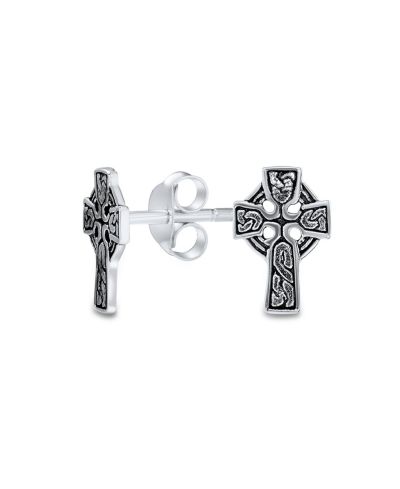 Bling Jewelry Religious Celtic Knot Sun Cross Stud Earrings Oxidized .925 Sterling Silver