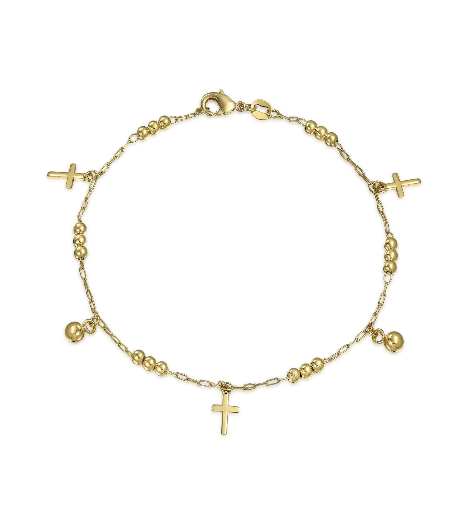 Bling Jewelry Religious Cross Beads Bells Charm Anklet Ankle Bracelet Gold Plated 10"
