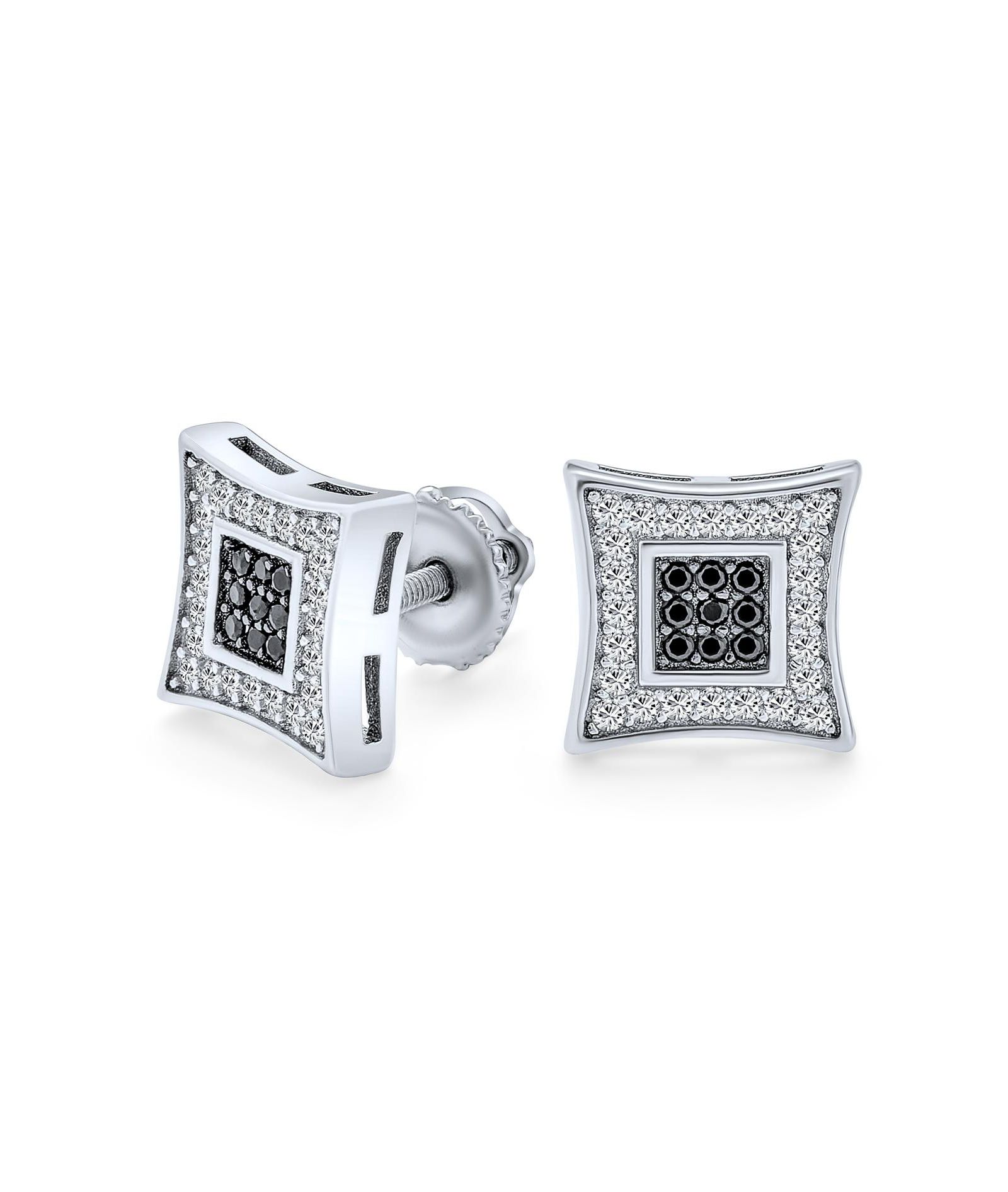 Серьги-гвоздики Bling Jewelry для мужчин, черно-белые с фианитами, серебро, 9 мм