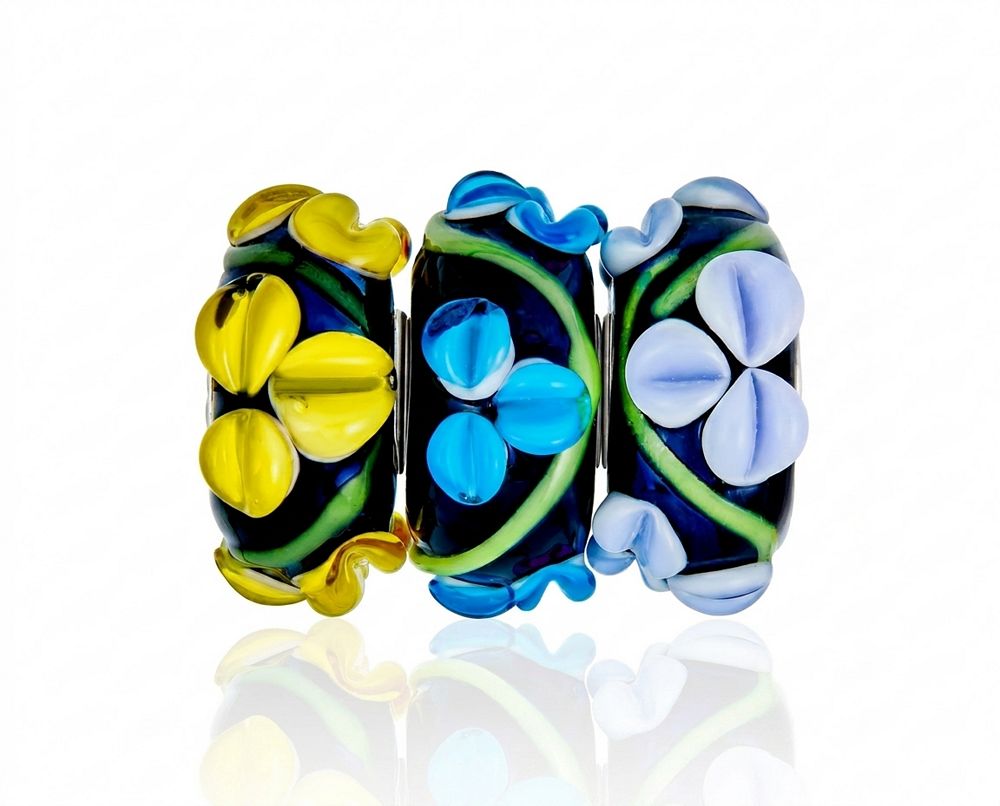 Bling Jewelry Mixed Sterling Silver Core Murano Glass Charm Bead с черным цветком для браслетов