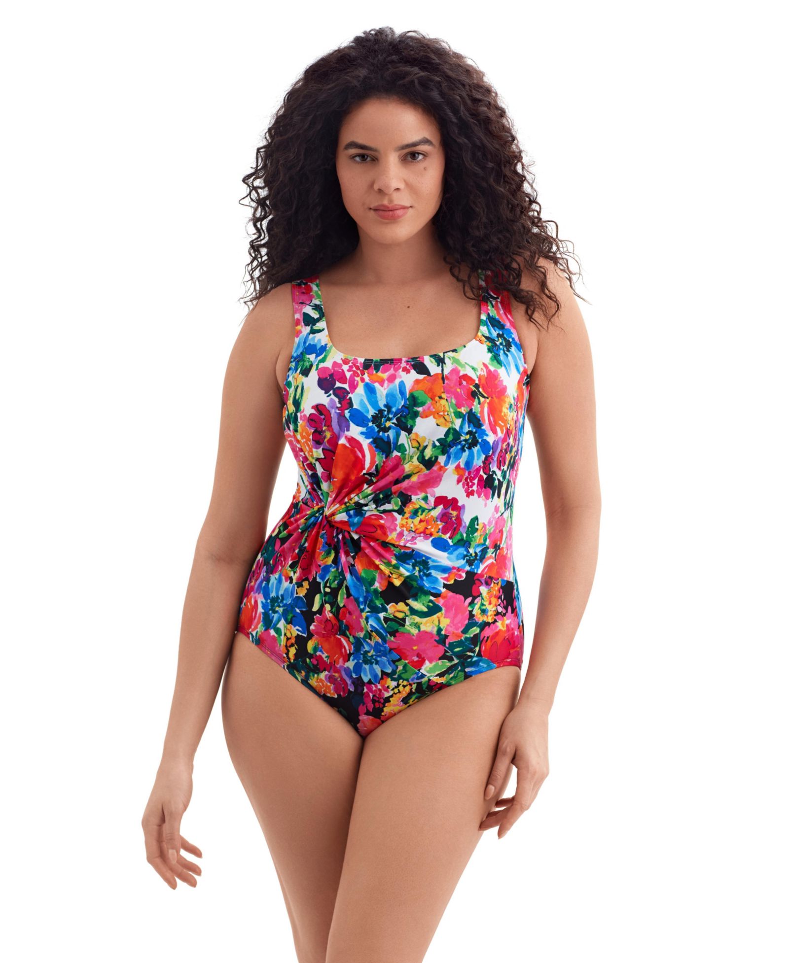 Longitude Women's Blooming Bouquet Twist Drape Tank Long Torso One-Piece Swimsuit