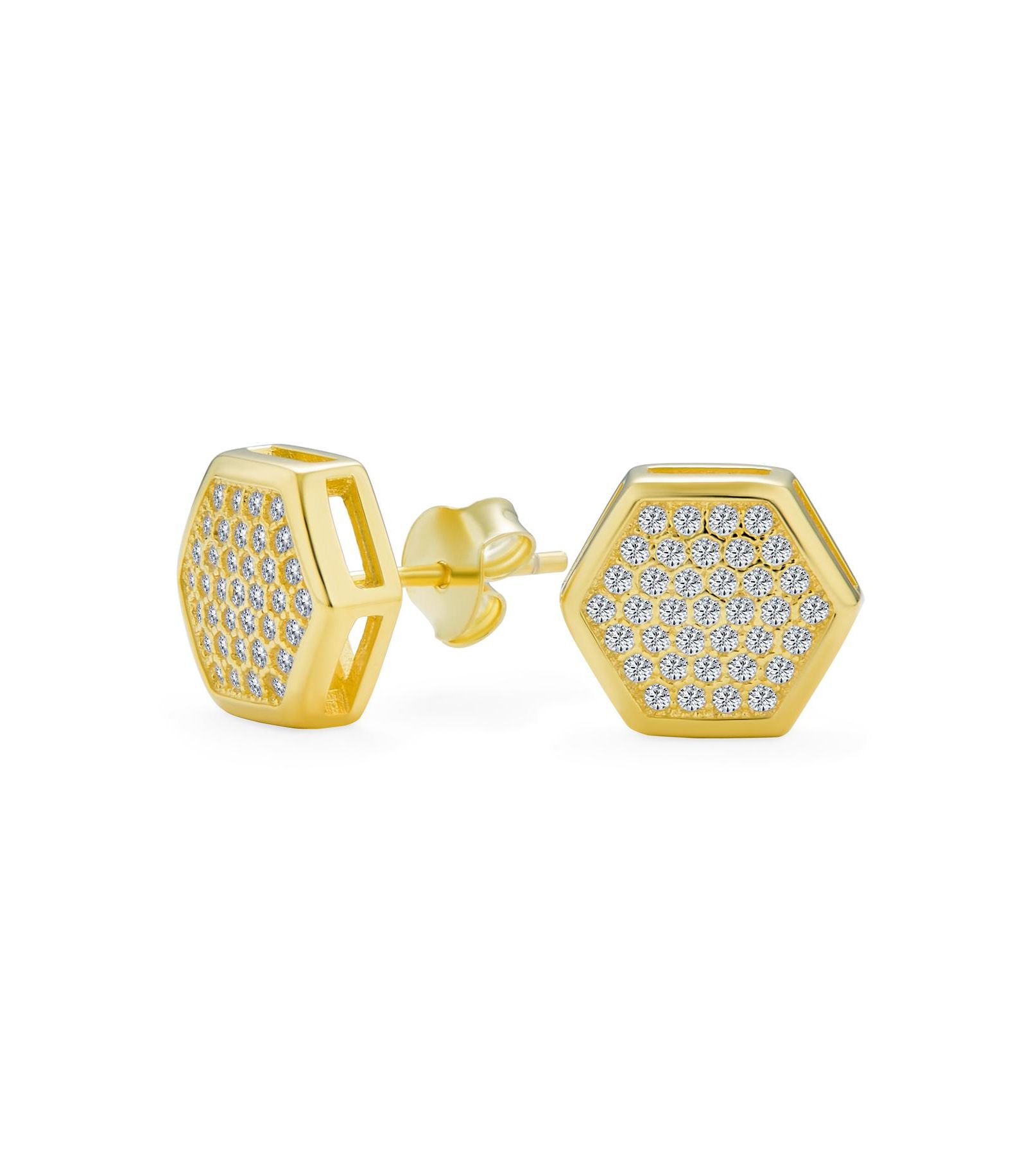 Bling Jewelry Geometric Honeycomb Hexagon CZ Stud Earrings 14K Gold .925 Sterling Silver