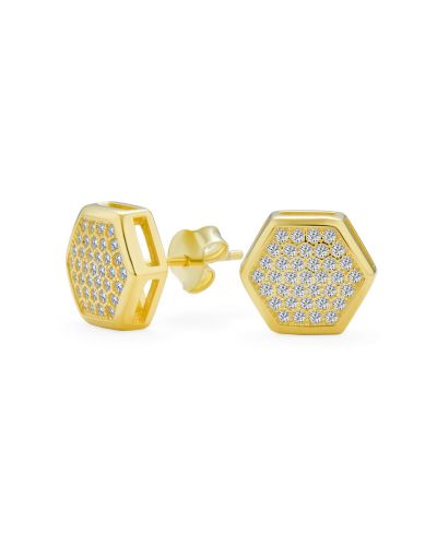 Серьги-гвоздики Bling Jewelry геометрические с сотами и фианитами, золото 14К, серебро 925 пробы