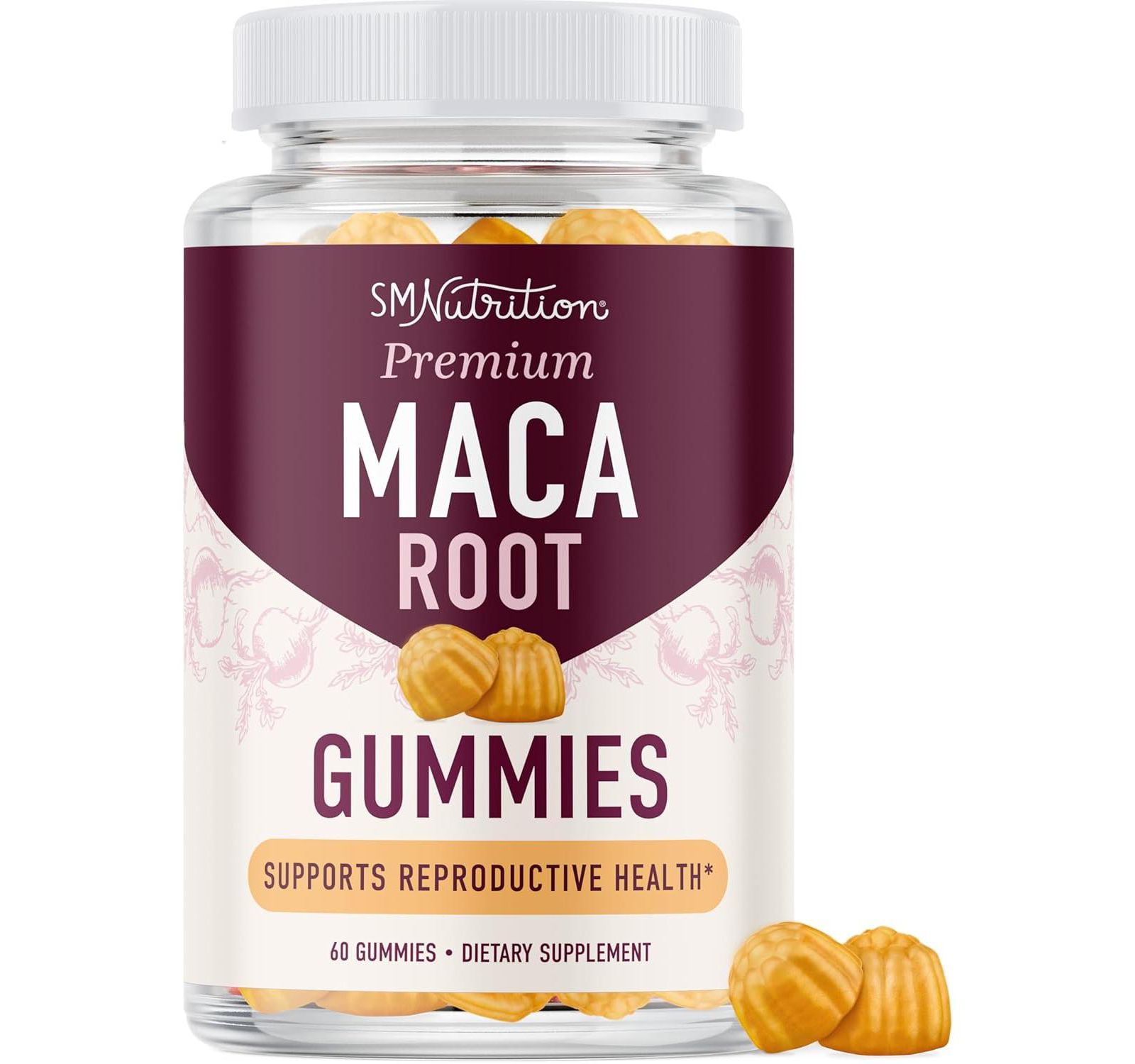Maca Root Gummies with Natural Peach Flavors, Hormone Balance for Women and Men, SMNutrition, 60ct