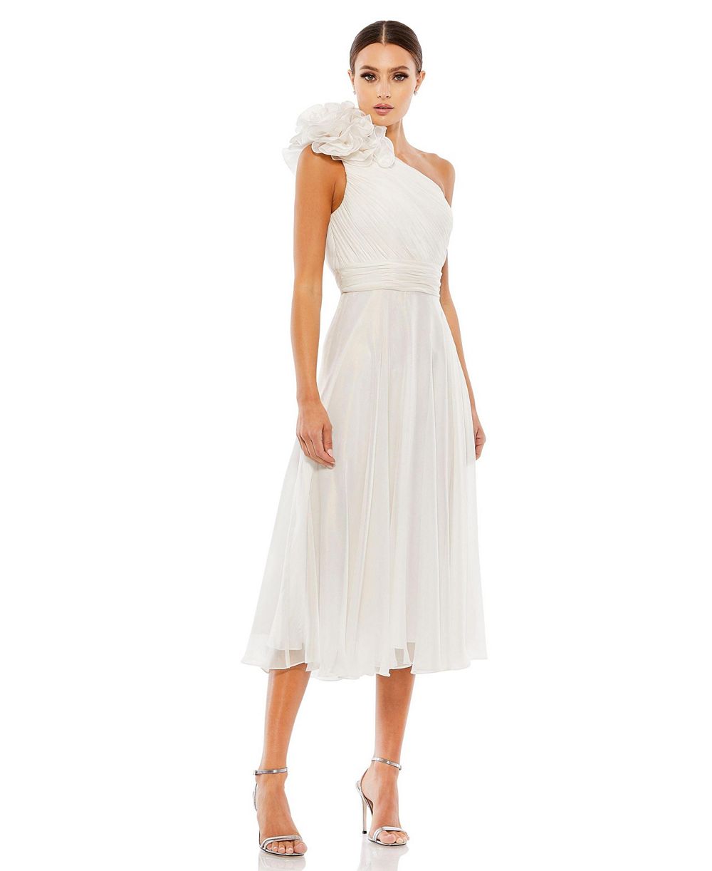 Mac Duggal Women's Rosette One Shoulder Tea Length Dress