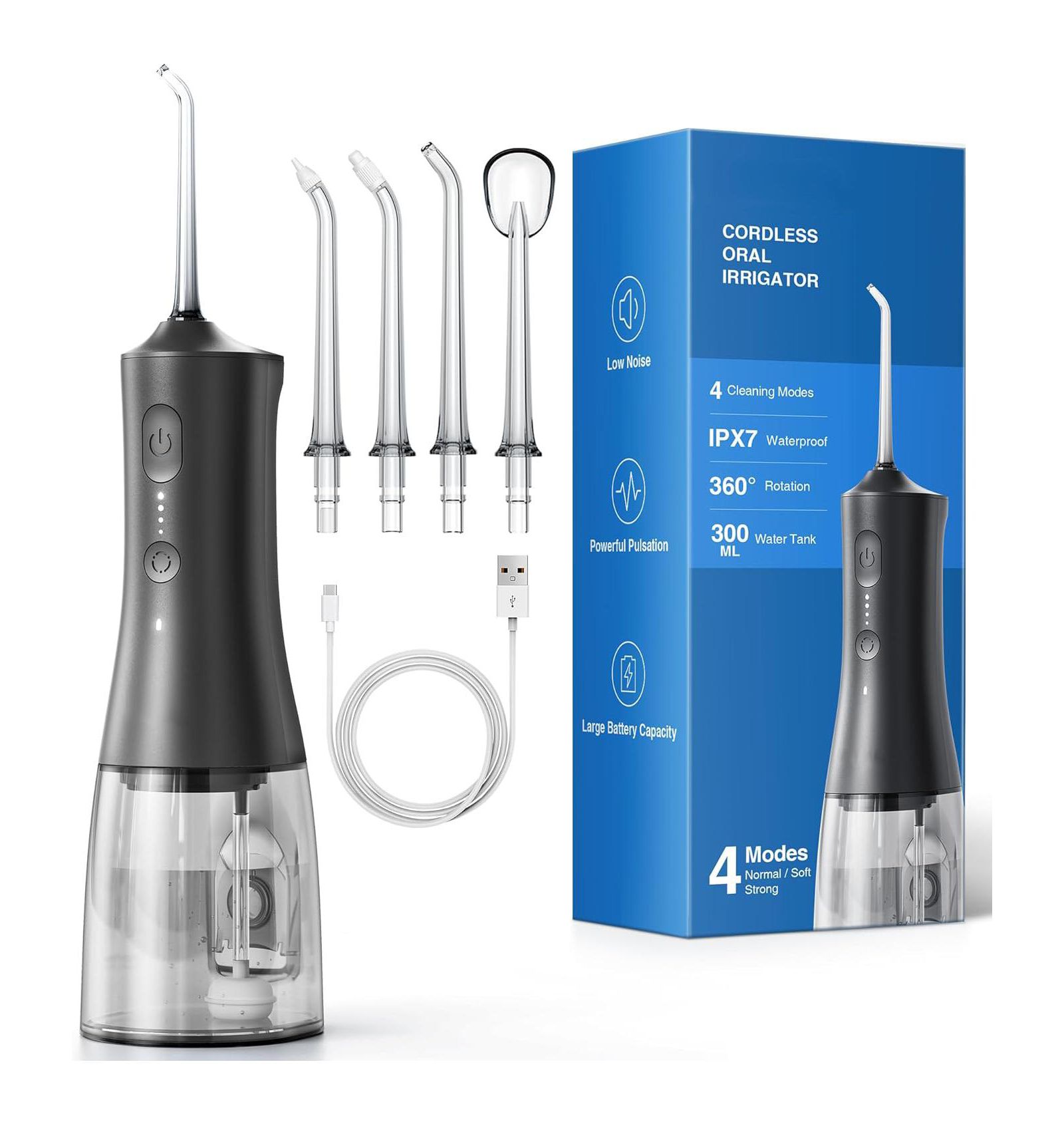 Ирригатор для полости рта HEATDAZ 300ml Cordless Water Flosser with 4 Jet Tips, IPX7 Waterproof