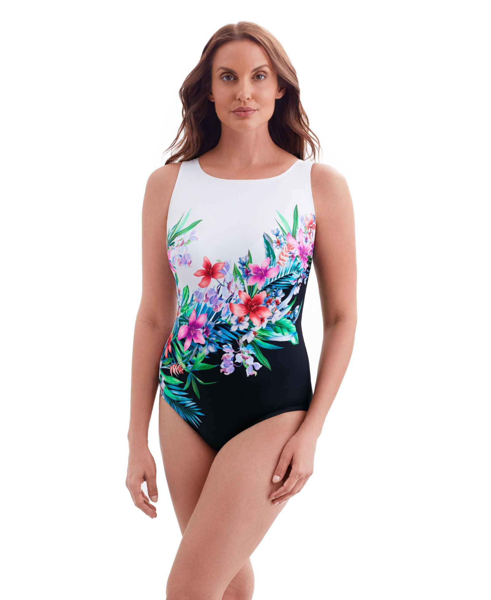 Longitude Women's Glamour Floral Panel Scoopback Highneck Long Torso One-Piece Swimsuit