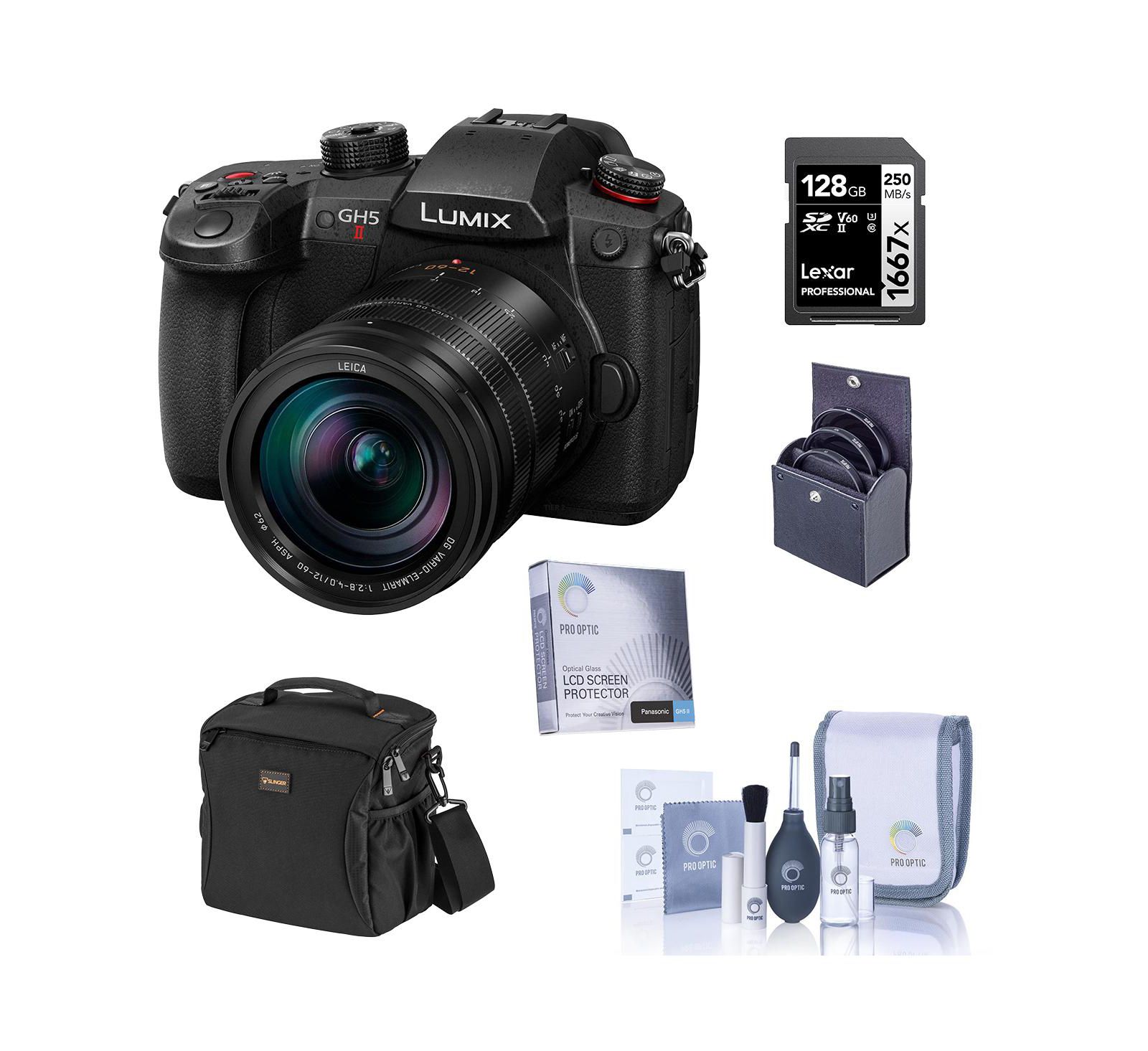 Камера Panasonic LUMIX GH5II с объективом 12-60 мм, картой 128 ГБ, набором фильтров и сумкой