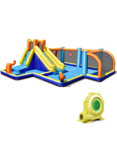 Slickblue Giant Soccer-Themed Inflatable Water Slide with 735W Blower, Accommodates Up to 5 Children, Ages 3+