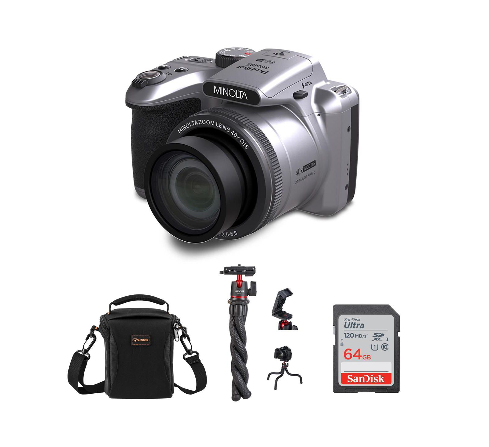 Камера Minolta MN40Z 20 Мп FHD с 40-кратным зумом, серебристый цвет, с штативом MT-11 и картой памяти 64 ГБ