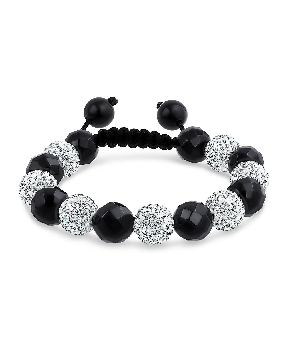 Bling Jewelry Black Onyx Pave Crystal Bead Shamballa Inspired Bracelet Adjustable Cord