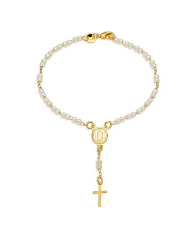 Bling Jewelry Dainty White Faux Pearl Prayer Rosary Religious Bracelet Yellow Gold Plated
