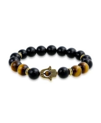 Bling Jewelry Tiger Eye Green Jade Gemstone Hamsa Hand Bead Stretch Bracelet Gold Plated