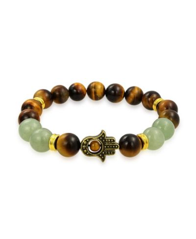 Bling Jewelry Tiger Eye Green Jade Gemstone Hamsa Hand Bead Stretch Bracelet Gold Plated
