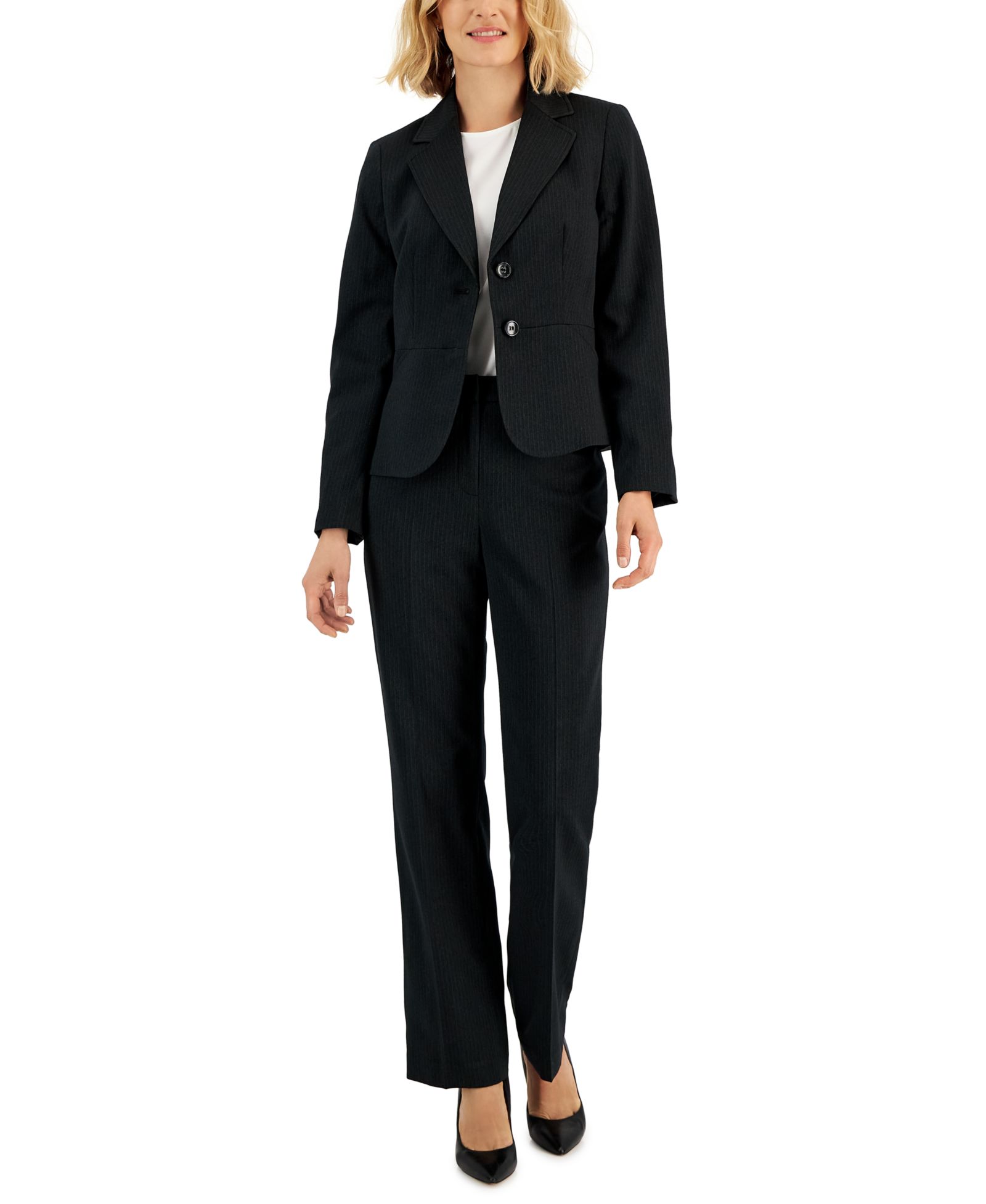 Le Suit Women's Two-Button Pinstriped 2 Piece Pantsuit, Regular & Petite