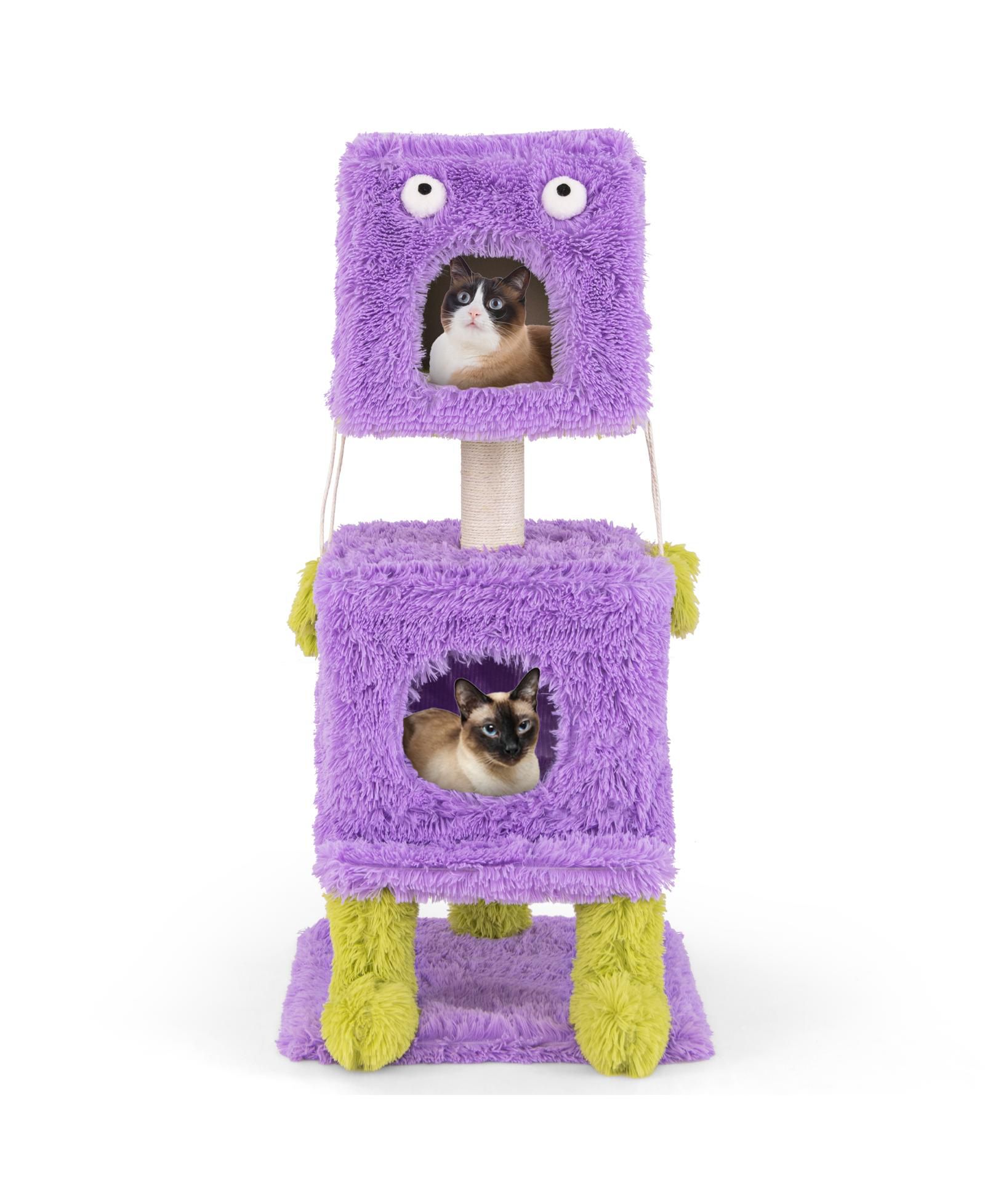Cute Monster-Themed Cat Tower with 2 Private Condos Space-Saving Playhouse for Small Spaces
