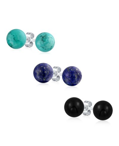 Bling Jewelry Lapis, Turquoise, Onyx Bead Ball Stud Earrings Sterling Silver (3 Set)