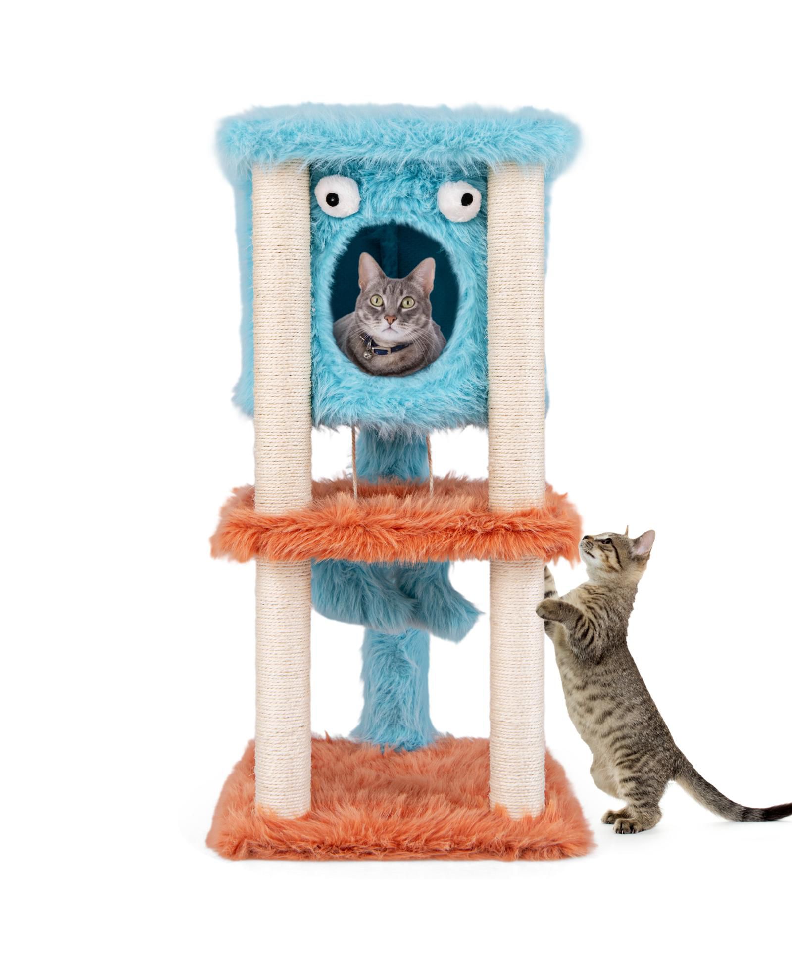 Cute Monster-Themed Cat Tower with Private Condo & Soft Long Plush Cozy & Fun Playhouse for Cats