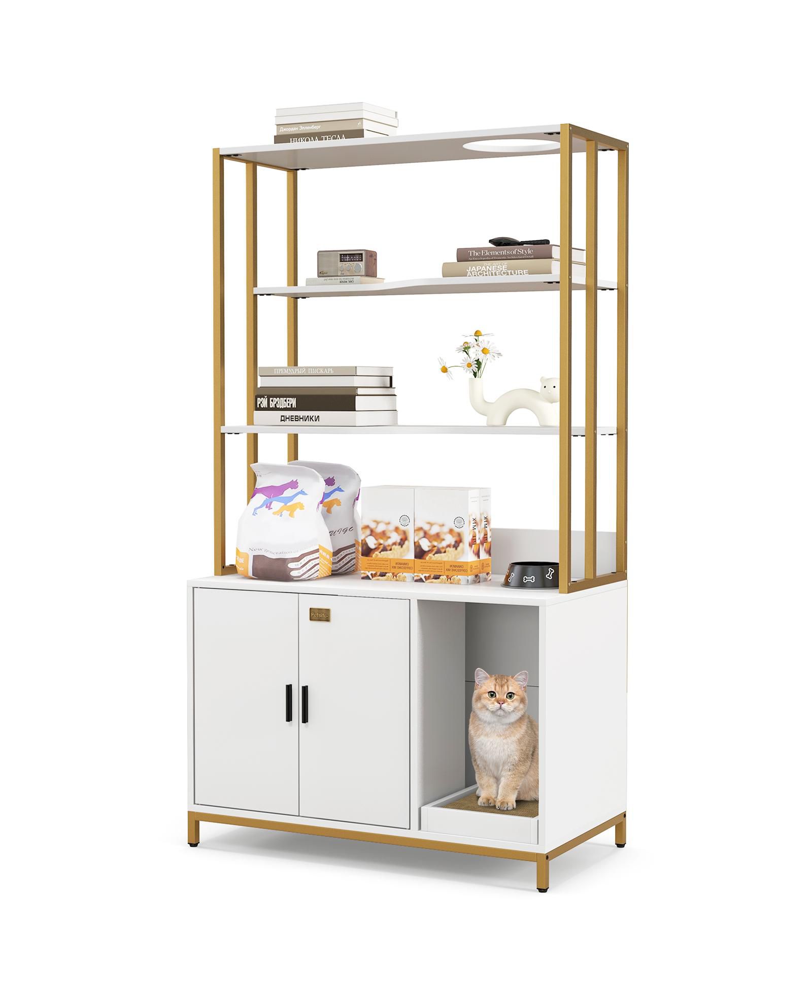 Cat Litter Box Enclosure with Storage & 3-Tier Shelves Stylish & Functional Hidden Litter Cabinet