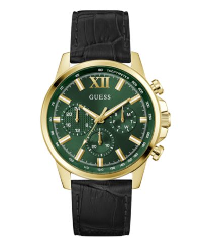 GUESS Men's Multifunction Black Genuine Leather Watch, 44mm