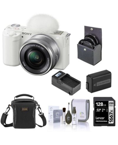 Беззеркальная камера Sony ZV-E10 с объективом 16-50mm, White - комплект с SD 128GB, сумкой, аккумулятором, зарядным устройством и фильтром
