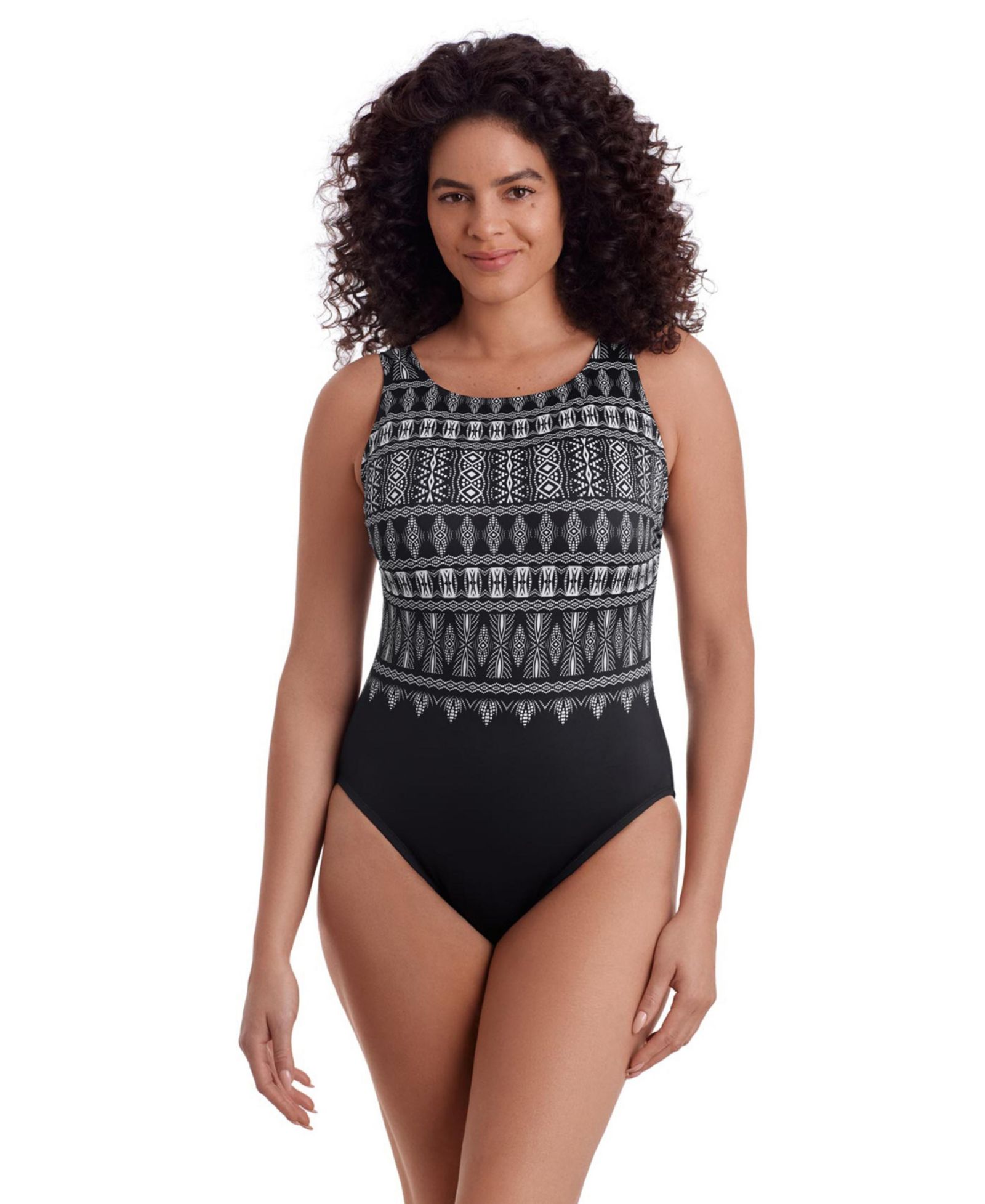 Longitude Women's Tribal Nights High-Neck Scoopback One-Piece Swimsuit, Long Torso