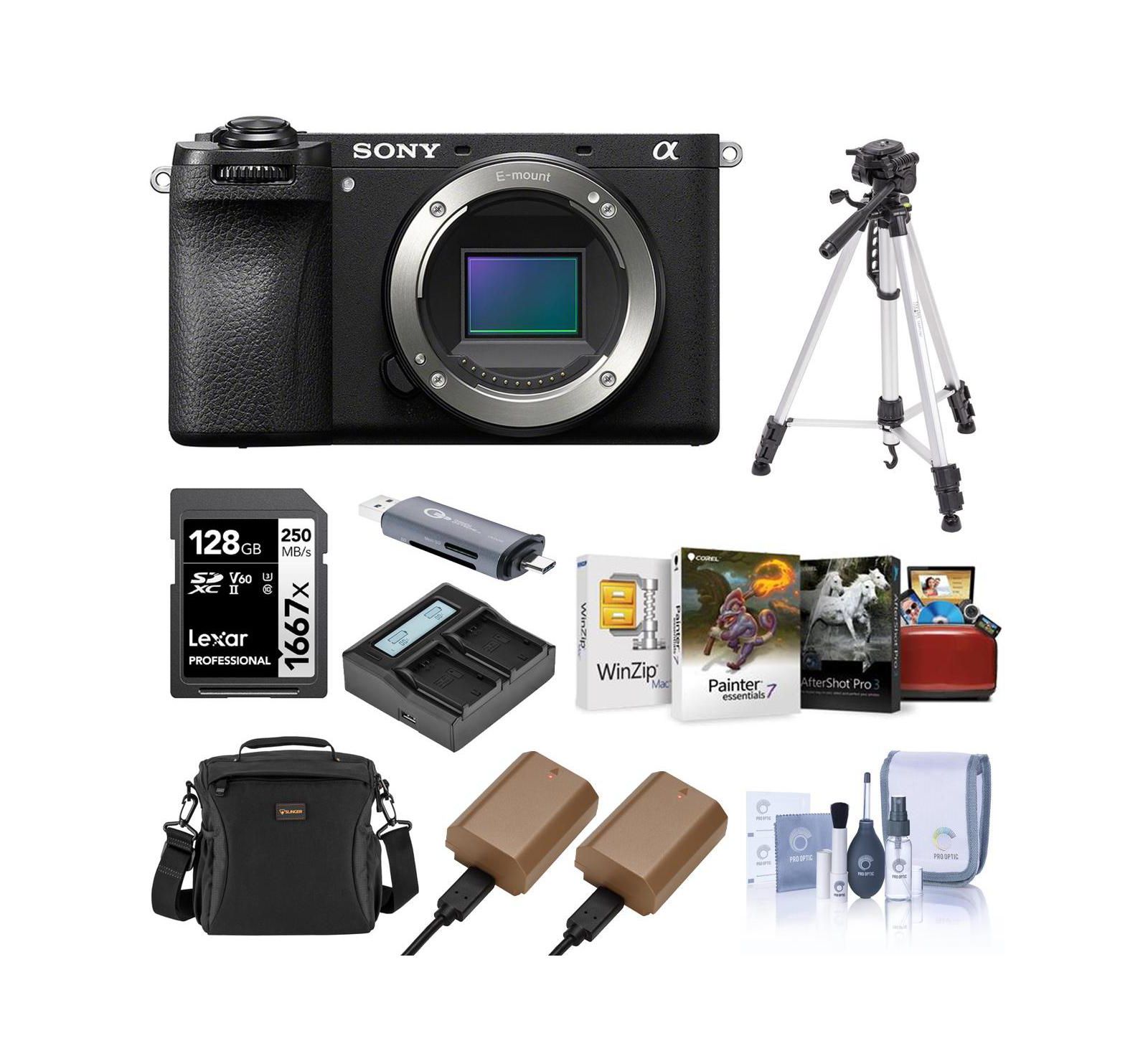 Sony   Alpha a6700 Mirrorless Camera Body Bundle with Shoulder Bag, 128GB SD Card, Card Reader, Corel Mac & PC Software Kit, 2x Extra Battery