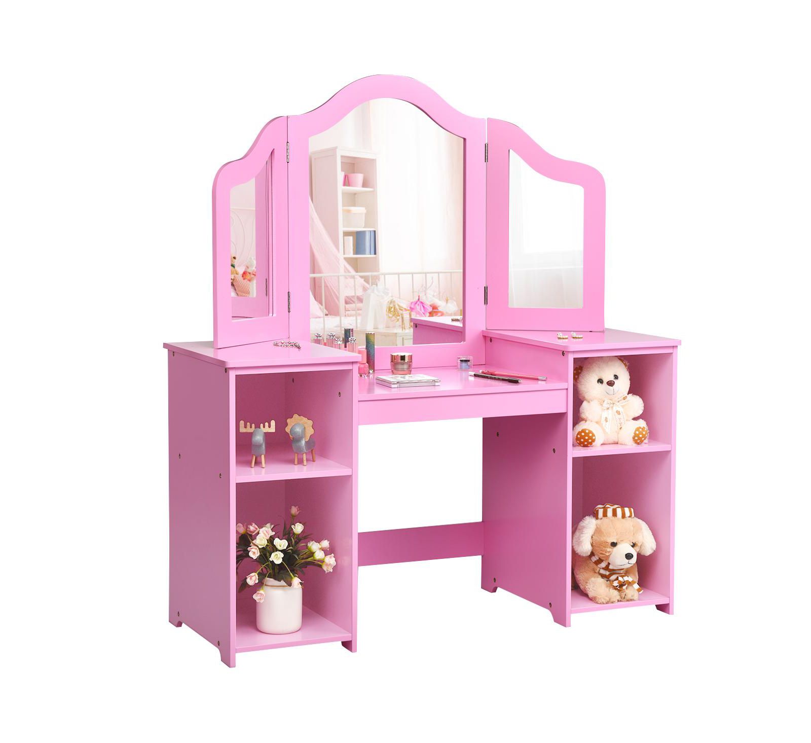 GOUUN Kids Tri-Fold Mirror Vanity Table and Stool Set with Storage