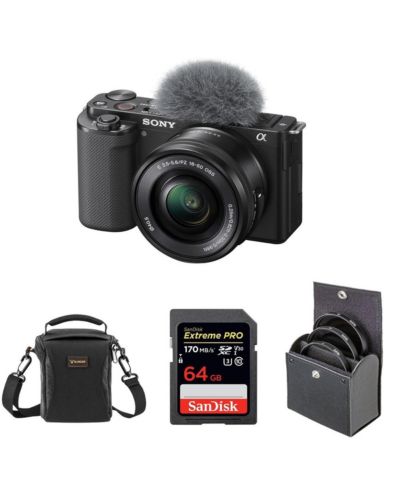 Зеркальная беззеркальная влогерская камера Sony ZV-E10 с объективом 16-50mm, комплект с SD-картой 64GB, сумкой и набором фильтров