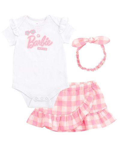Barbie Baby Girls Bodysuit Ruffle Skirt and Bow Headband 3 Piece Outfit Set Newborn to