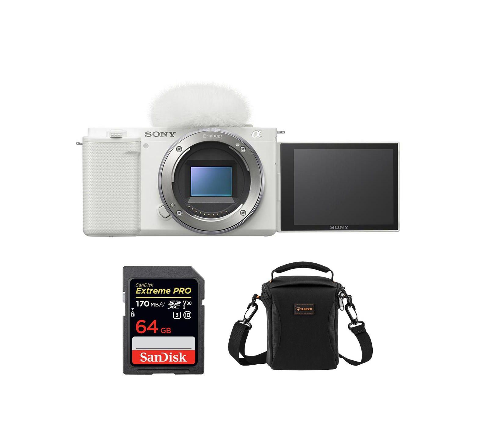 Sony ZV-E10 Mirrorless Camera, White Bundle with 64GB SD Card, Shoulder Bag