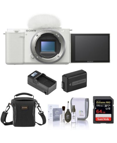 Sony ZV-E10 Mirrorless Camera, White, Bundle with Essentials Kit