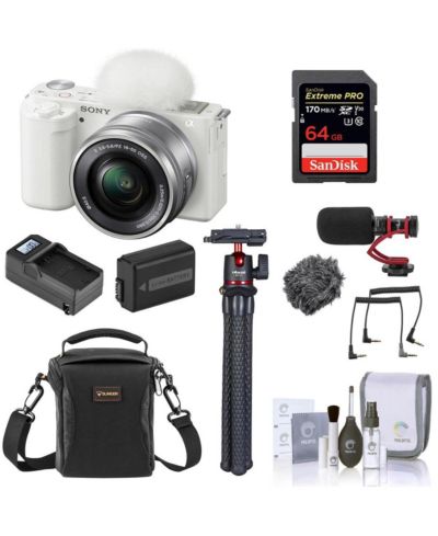 Беззеркальная влог-камера Sony ZV-E10 с объективом 16-50mm, белая — комплект с 64GB SD Card, сумкой, микрофоном, штативом, аккумулятором и зарядным устройством