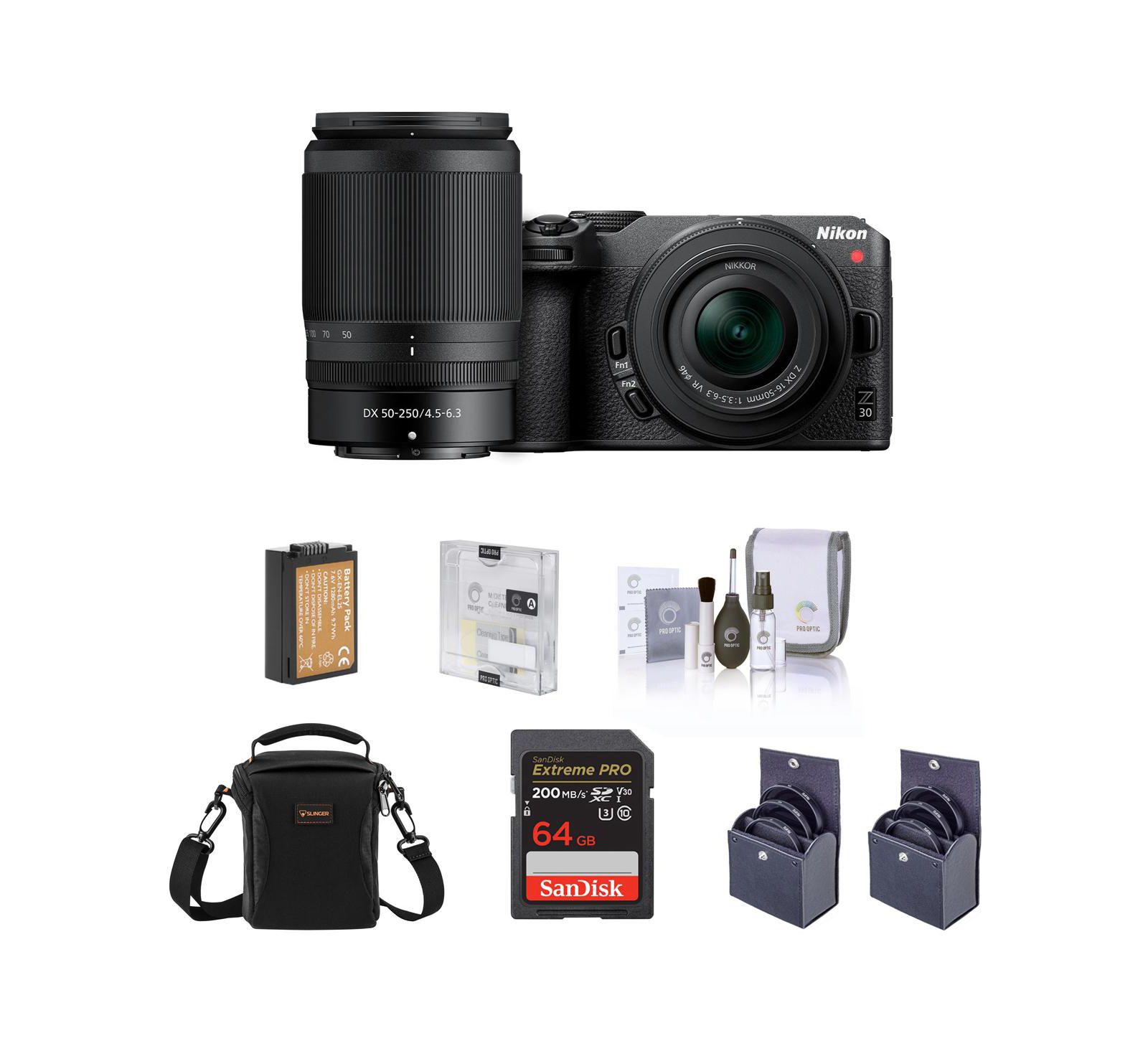 Nikon Z 30 Mirrorless Camera with 16-50mm & 50-250mm Lens, Bundle with 64GB SD Memory Card, Bag, Battery, Screen Protector, 62mm and 46mm UV, CPL