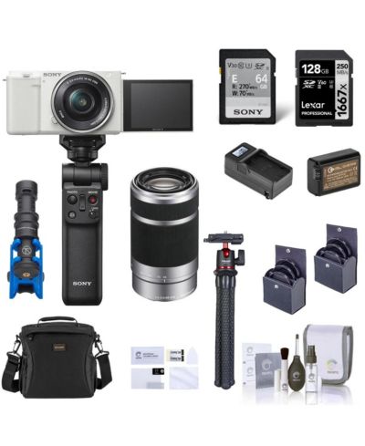Sony ZV-E10 Camera w/16-50 and 55-210mm Lens, White w/Grip,Essentials Kit